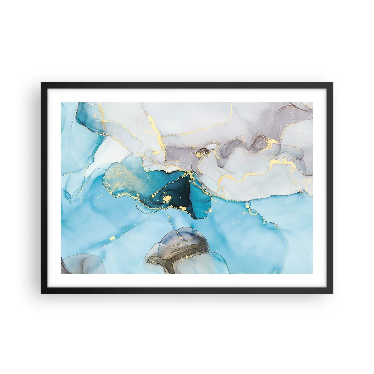 Affiche dans un cadre noir - Poster - Abstraction dans les tons de bleu et d'or avec des lignes subtiles - 70x50cm - Etude de la rencontre gris et turquoise - Décoration murale moderne pour le salon et la chambre ARTTOR