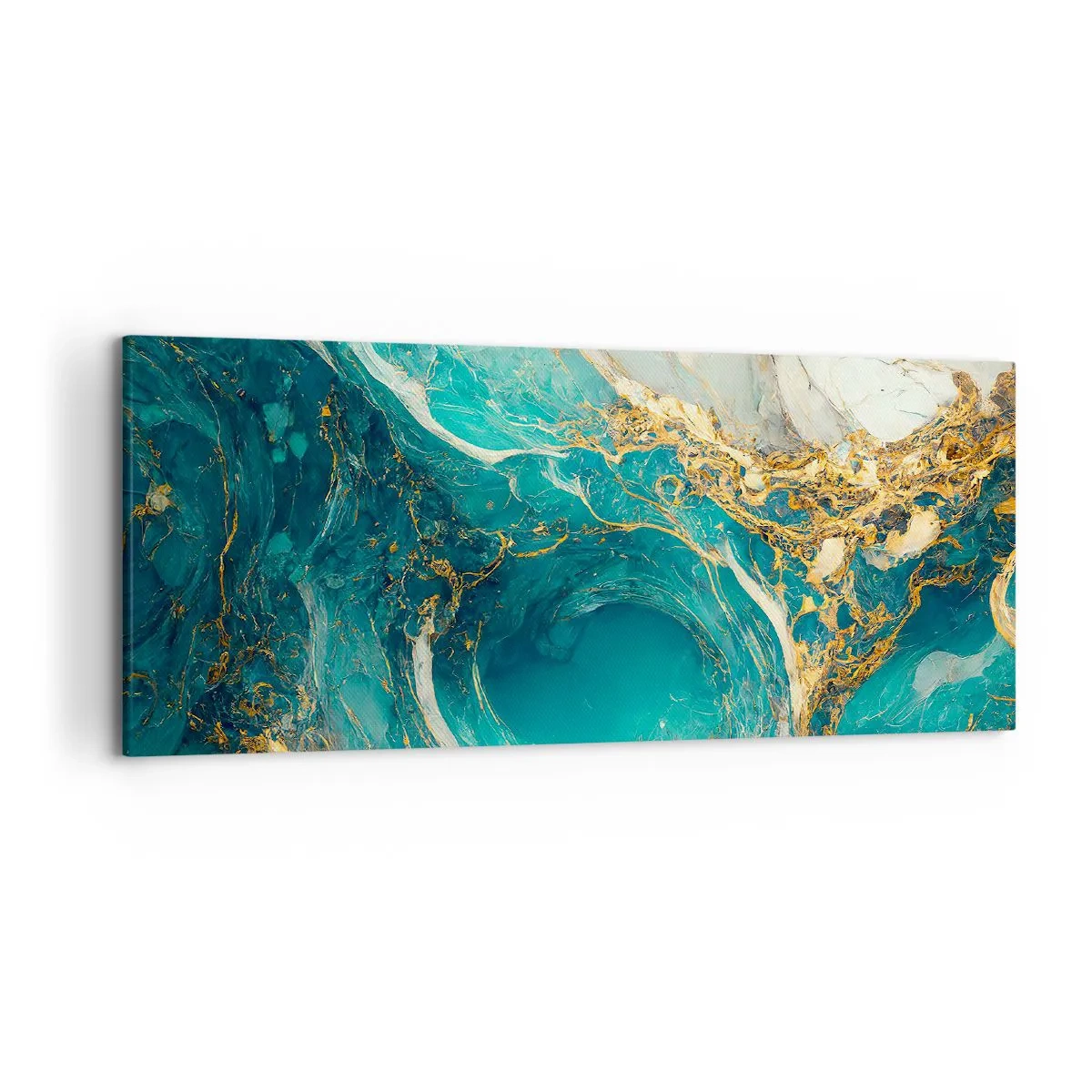 Impression sur toile - Image sur toile - Une composition abstraite dans des tons turquoise et or. - 120x50cm - Composition en veines d'or - Décoration murale moderne pour le salon et la chambre ARTTOR