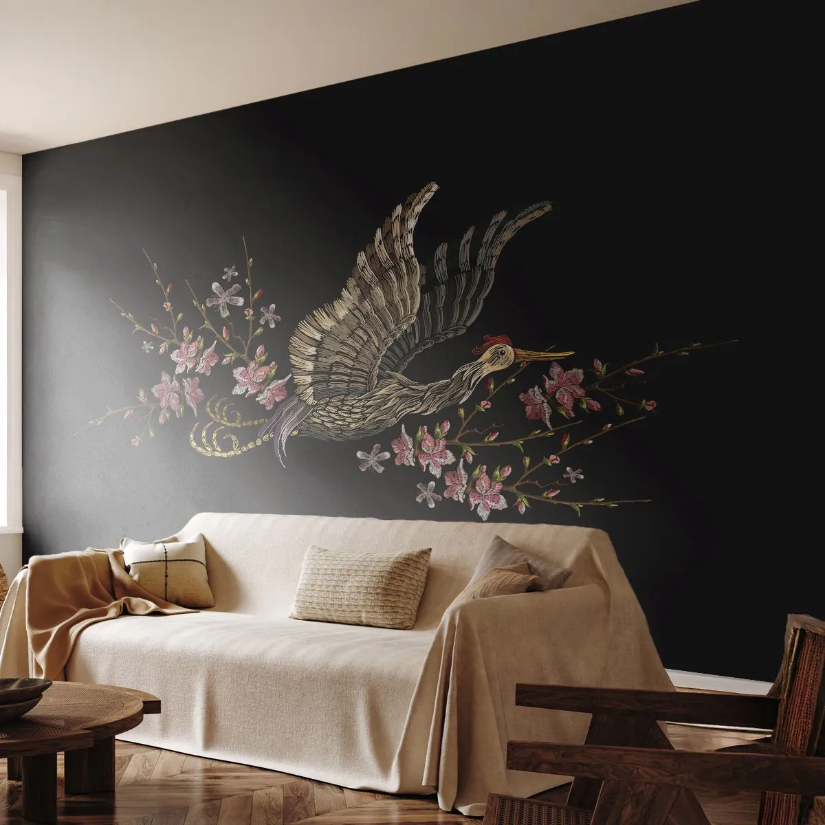 Papier Peint Photo Premium Sand - Une grue élégante parmi des branches fleuries sur fond noir - 100x70cm - Oiseau brodé exotique - Décoration murale moderne pour le salon et la chambre ARTTOR