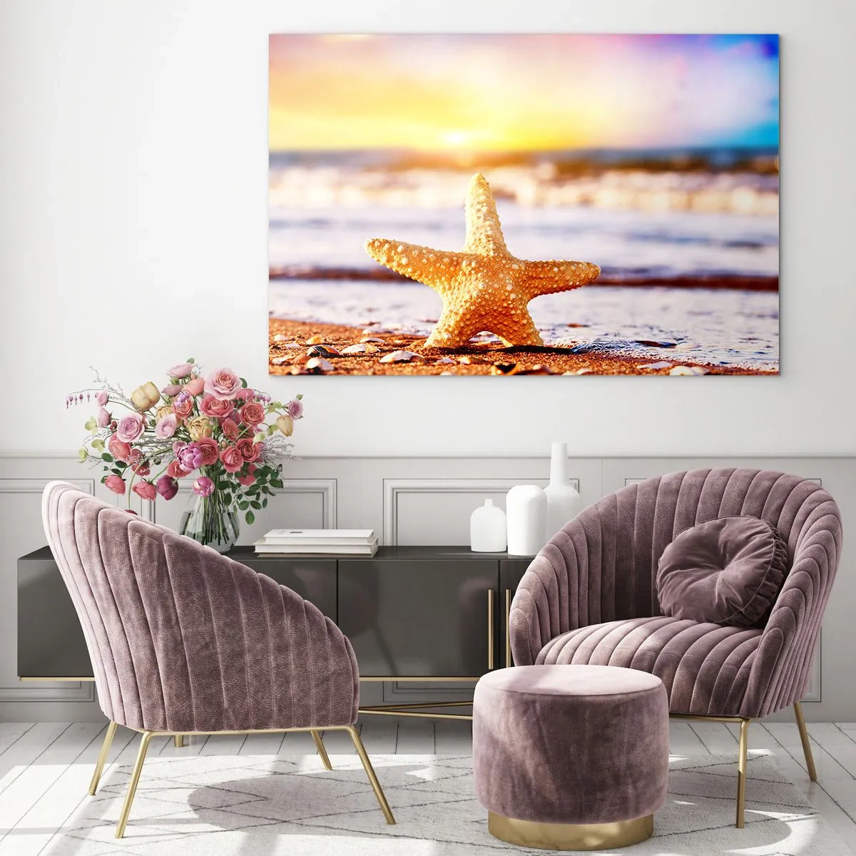 Impression sur verre - Image sur verre - Étoiles de mer sur la plage à la lumière du soleil couchant - 120x80cm - Cadeau de la mer - Décoration murale moderne pour le salon et la chambre ARTTOR