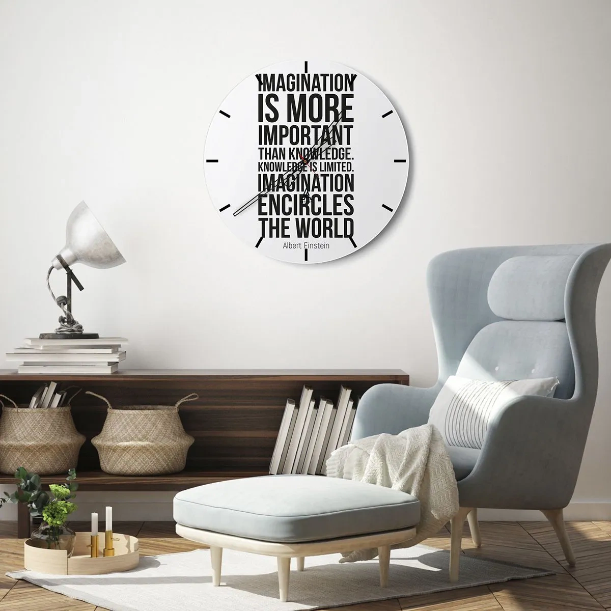 Horloge murale - Pendule murale - Citation inspirante d'Albert Einstein - 30x30cm - Einstein sur le pouvoir de l'imagination - Décoration murale moderne pour le salon, la cuisine et la chambre ARTTOR