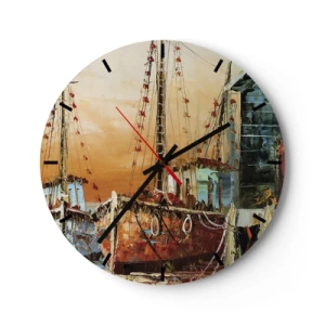 Horloge murale - Pendule murale - Image de voiliers dans un port pittoresque au coucher du soleil - 30x30cm - Retour tranquille - Décoration murale moderne pour le salon, la cuisine et la chambre ARTTOR