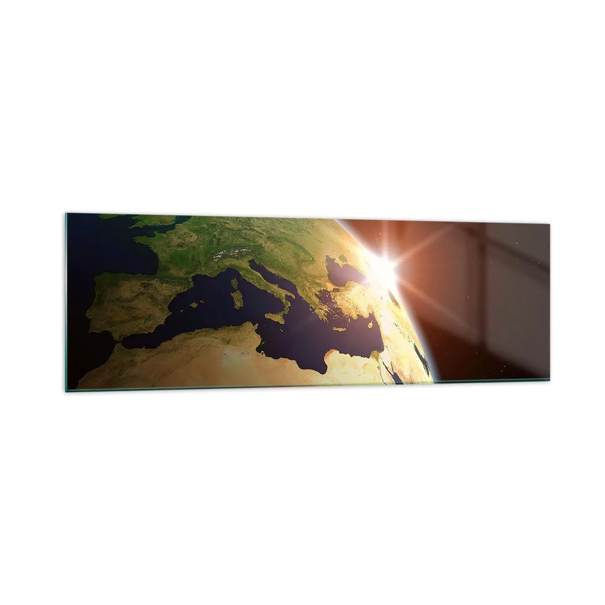 Impression sur verre - Image sur verre - Vue de la Terre depuis l'espace avec les rayons du soleil à l'horizon - 160x50cm - Lever de soleil - Décoration murale moderne pour le salon et la chambre ARTTOR