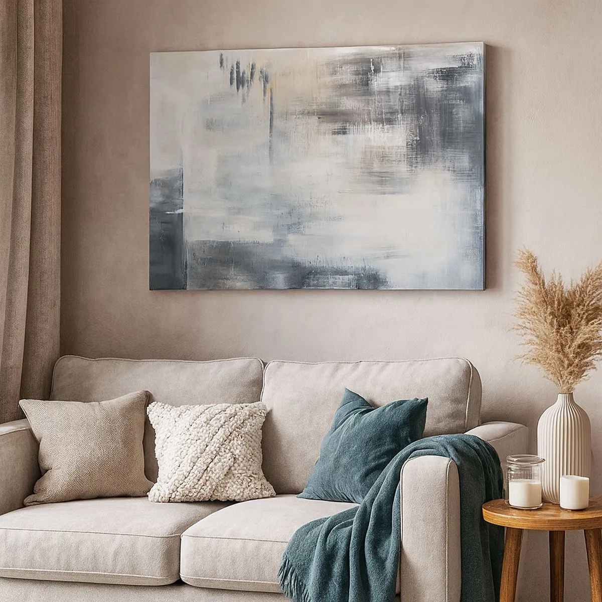 Impression sur toile - Image sur toile - Composition abstraite dans les tons de bleu et de gris - 70x50cm - Derrière le rideau bleu - Décoration murale moderne pour le salon et la chambre ARTTOR