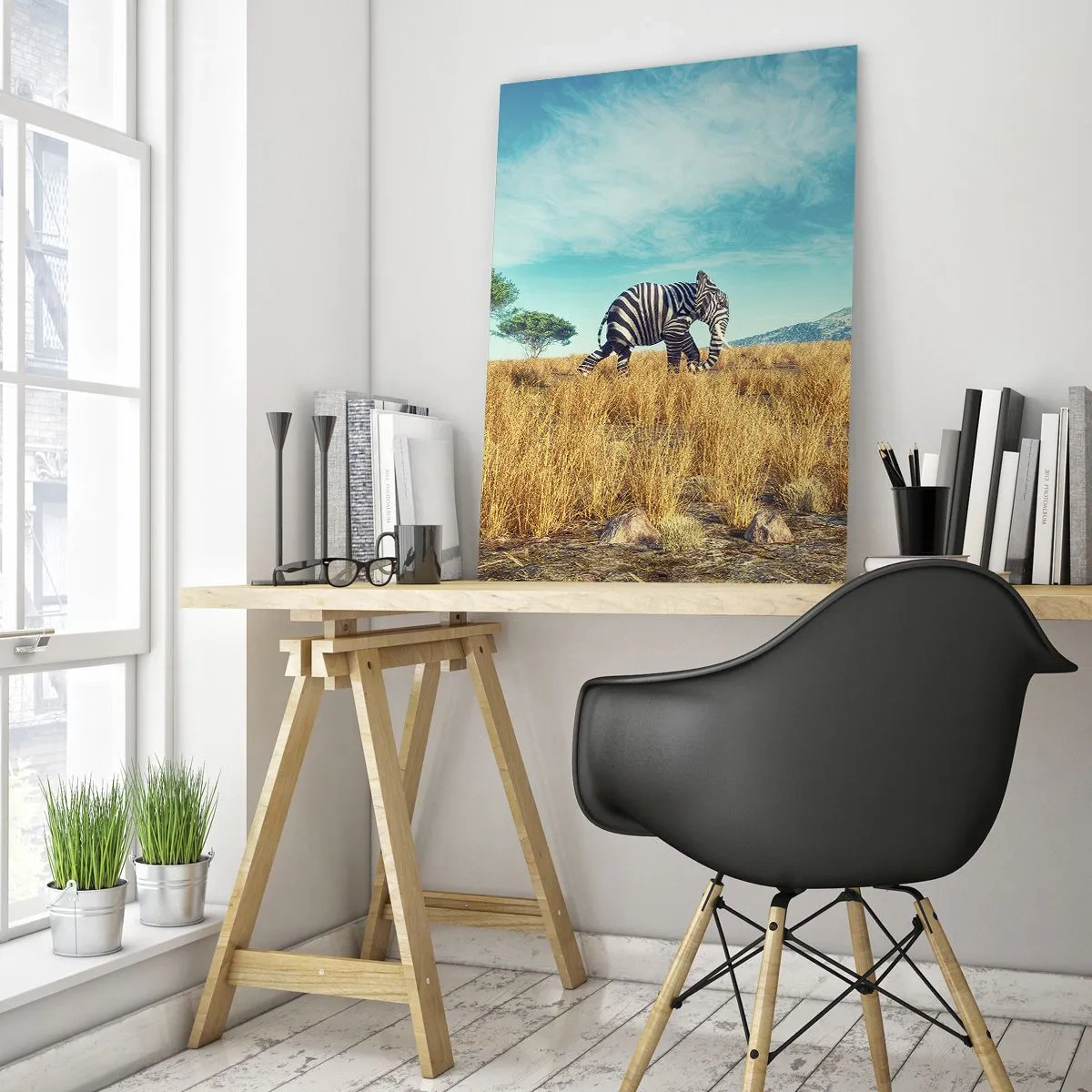 Impression sur verre - Image sur verre - Un éléphant avec des rayures de zèbre dans la savane sous le ciel - 50x70cm - Le gris n'est déjà plus à la mode - Décoration murale moderne pour le salon et la chambre ARTTOR