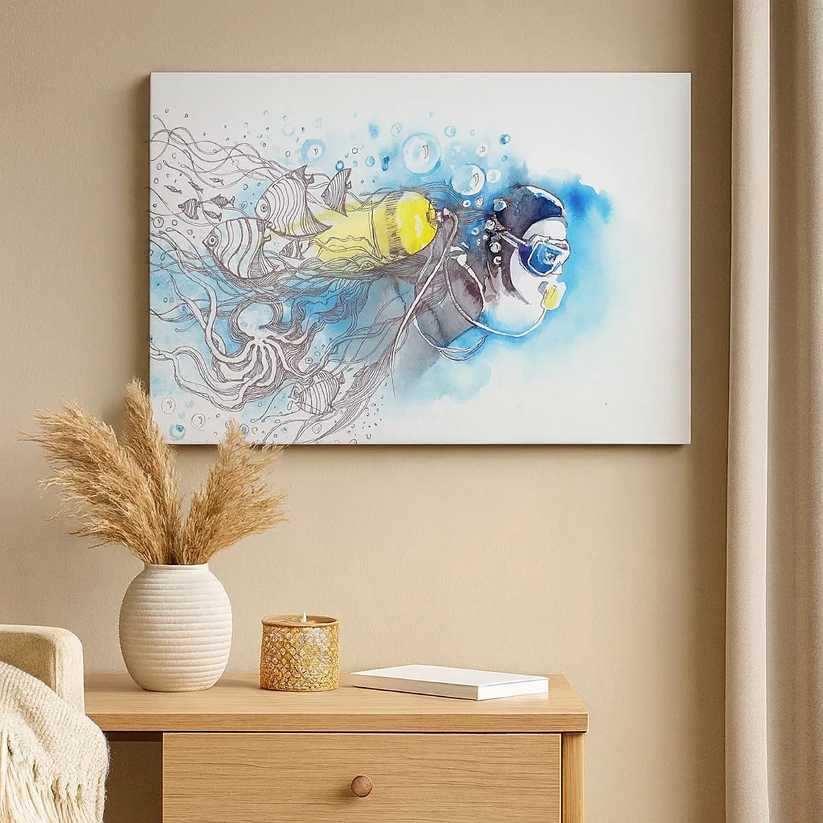 Impression sur toile - Image sur toile - Scène sous-marine avec un plongeur et des poissons exotiques - 70x50cm - Le grand bleu - Décoration murale moderne pour le salon et la chambre ARTTOR