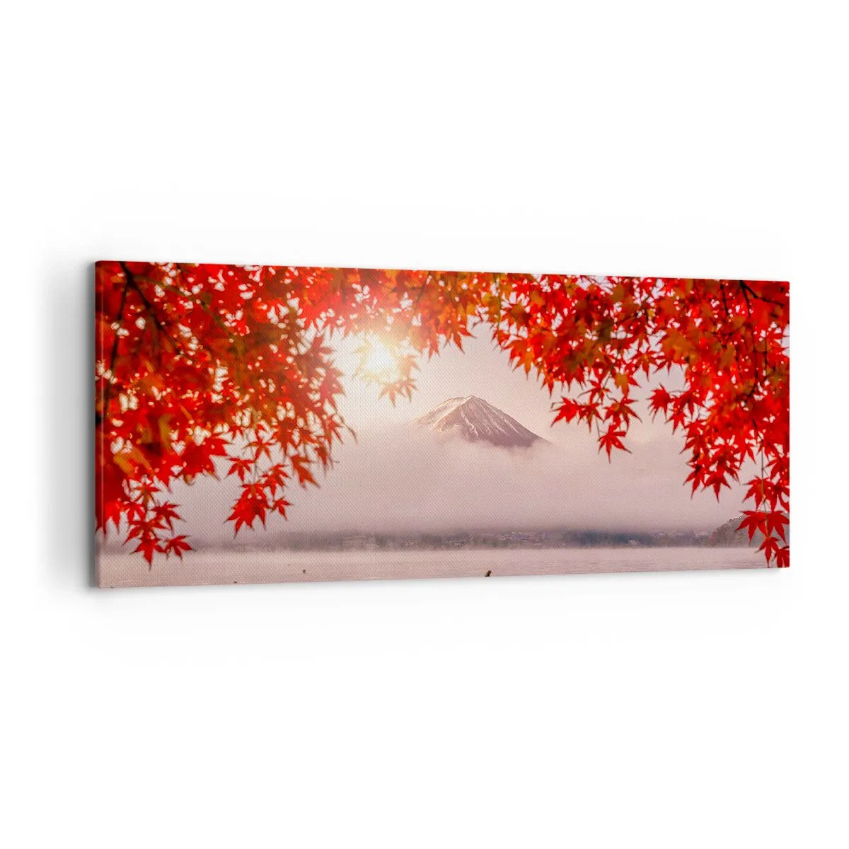Impression sur toile - Image sur toile - Un bateau sur un lac entouré de feuilles d'érable rouges - 120x50cm - Dans le climat japonais - Décoration murale moderne pour le salon et la chambre ARTTOR
