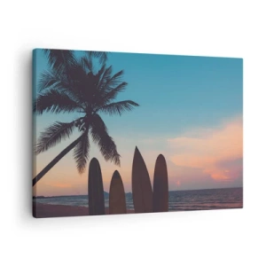 Impression sur toile - Image sur toile - Planches de surf sur fond de palmier et de coucher de soleil - 70x50cm - Demain sera amusant aussi - Décoration murale moderne pour le salon et la chambre ARTTOR