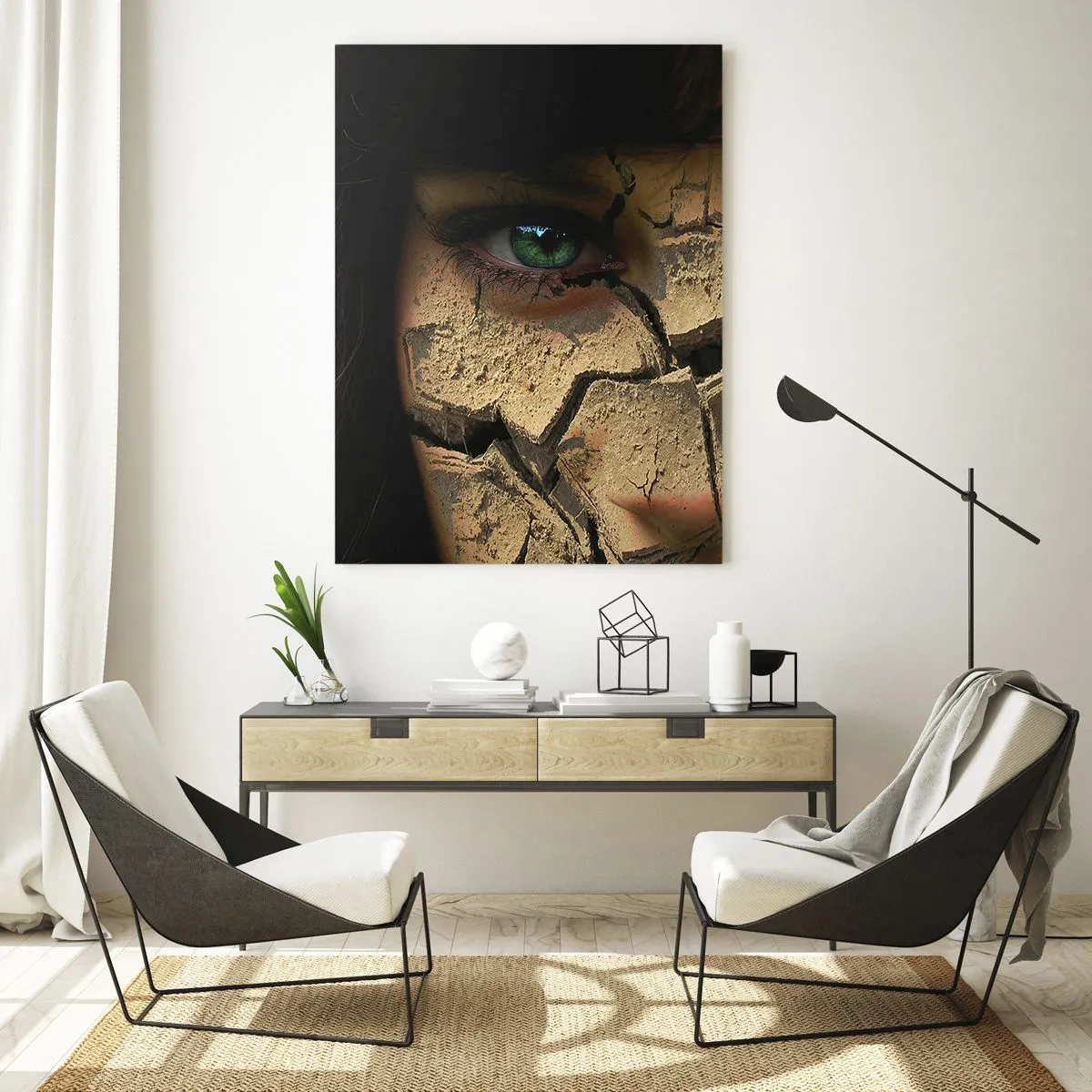 Impression sur verre - Image sur verre - Le visage d'une femme aux yeux verts recouvert d'une structure de terre craquelée - 80x120cm - Plaisir et effroi en même temps - Décoration murale moderne pour le salon et la chambre ARTTOR