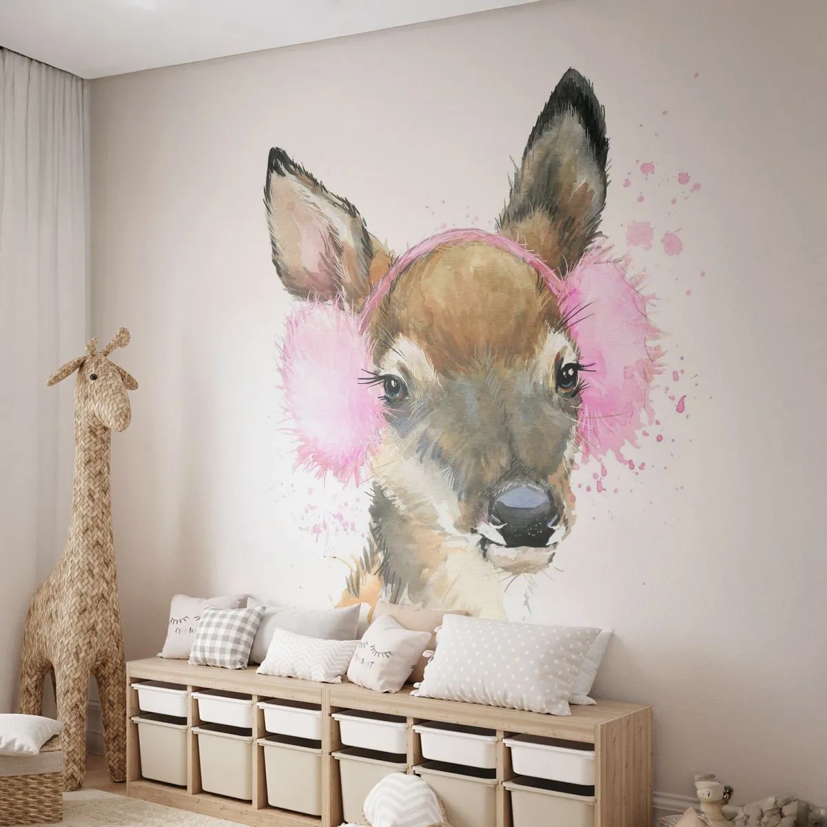 Papier Peint Photo Premium Canvas - Cerf aquarelle avec cache-oreilles roses - 100x70cm - Et le gel n'effraie plus - Décoration murale moderne pour le salon et la chambre ARTTOR