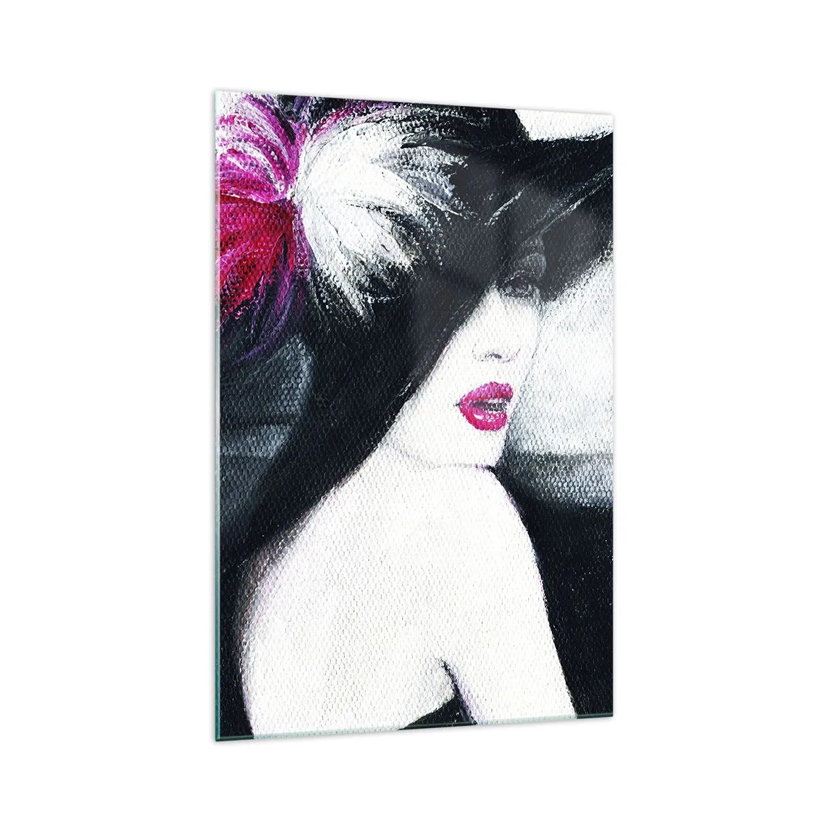 Impression sur verre - Image sur verre - Femme élégante avec un chapeau à plumes - 70x100cm - Toujours un secret - Décoration murale moderne pour le salon et la chambre ARTTOR