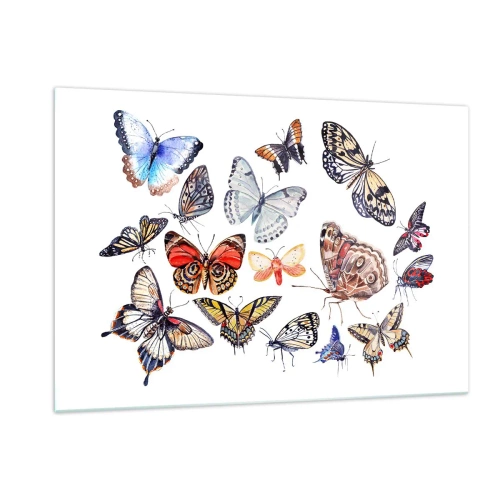 Impression sur verre - Image sur verre - Papillons colorés dans une composition artistique - 120x80cm - Essaim de dentelle et de couleurs - Décoration murale moderne pour le salon et la chambre ARTTOR