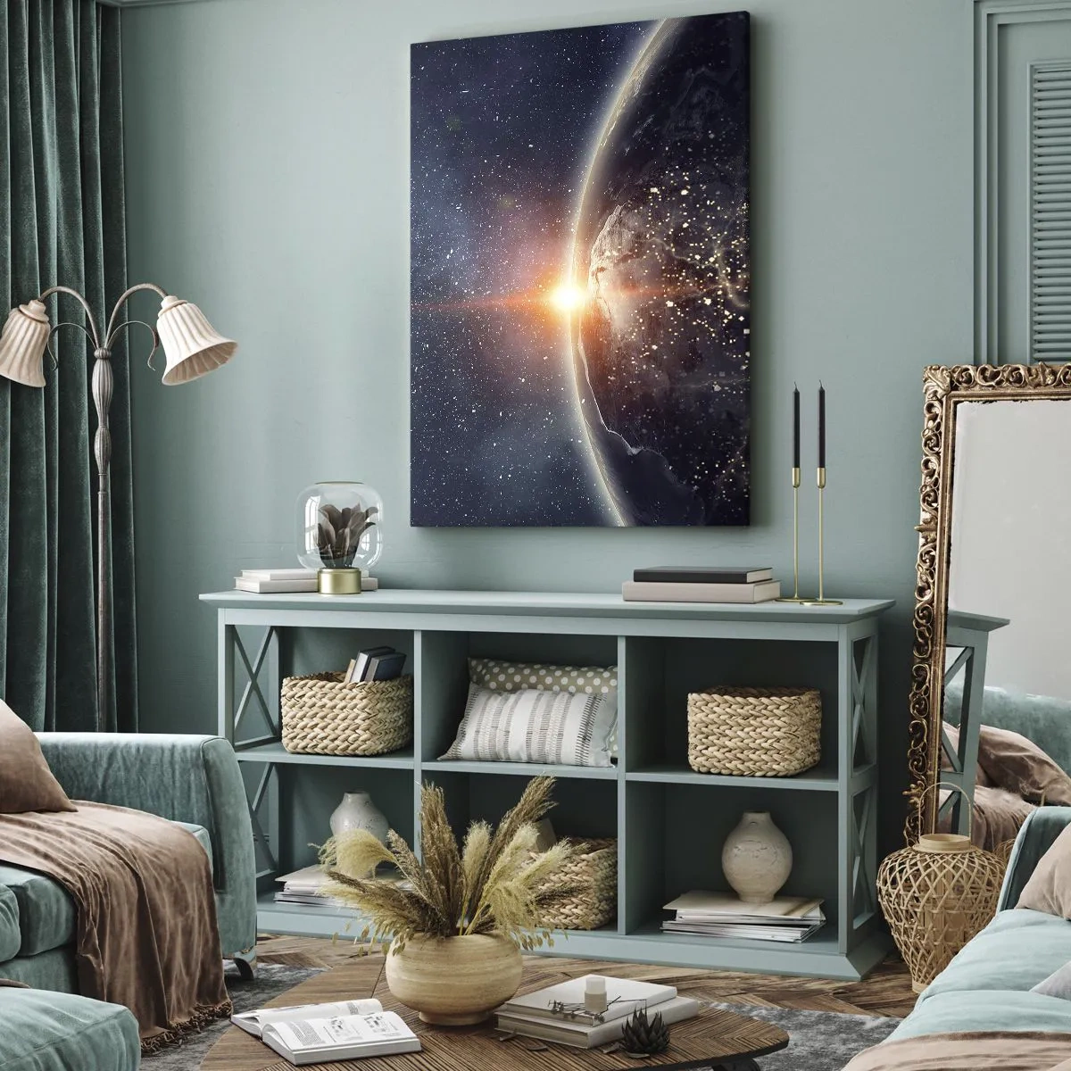 Impression sur toile - Image sur toile - La Terre vue de l'espace avec le soleil levant - 70x100cm - Dans une nouvelle perspective - Décoration murale moderne pour le salon et la chambre ARTTOR