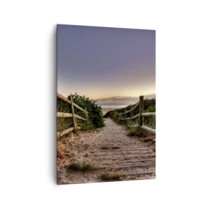 Impression sur toile - Image sur toile - Chemin en bois dans les dunes menant à la plage au coucher du soleil - 70x100cm - On voit déjà le but - Décoration murale moderne pour le salon et la chambre ARTTOR