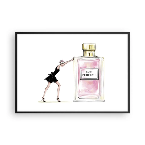 Affiche dans un cadre noir - Poster - Une femme en robe noire à côté d'un flacon de parfum - 100x70cm - L'essence des femmes - Décoration murale moderne pour le salon et la chambre ARTTOR