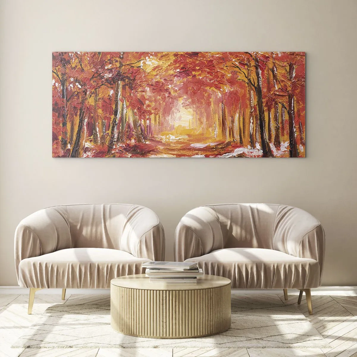 Impression sur verre - Image sur verre - Forêt d'automne aux tons cuivrés et dorés - 120x50cm - Forêt de cuivre - Décoration murale moderne pour le salon et la chambre ARTTOR