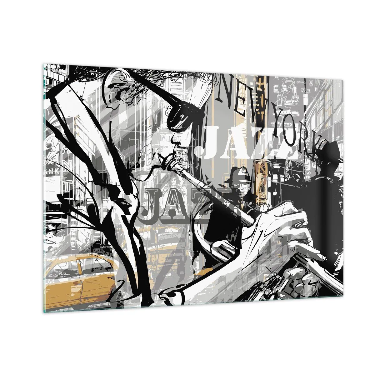 Impression sur verre - Image sur verre - Un dessin élégant d'un musicien de jazz jouant de la trompette dans un décor new-yorkais. - 100x70cm - Au rythme de New York - Décoration murale moderne pour le salon et la chambre ARTTOR