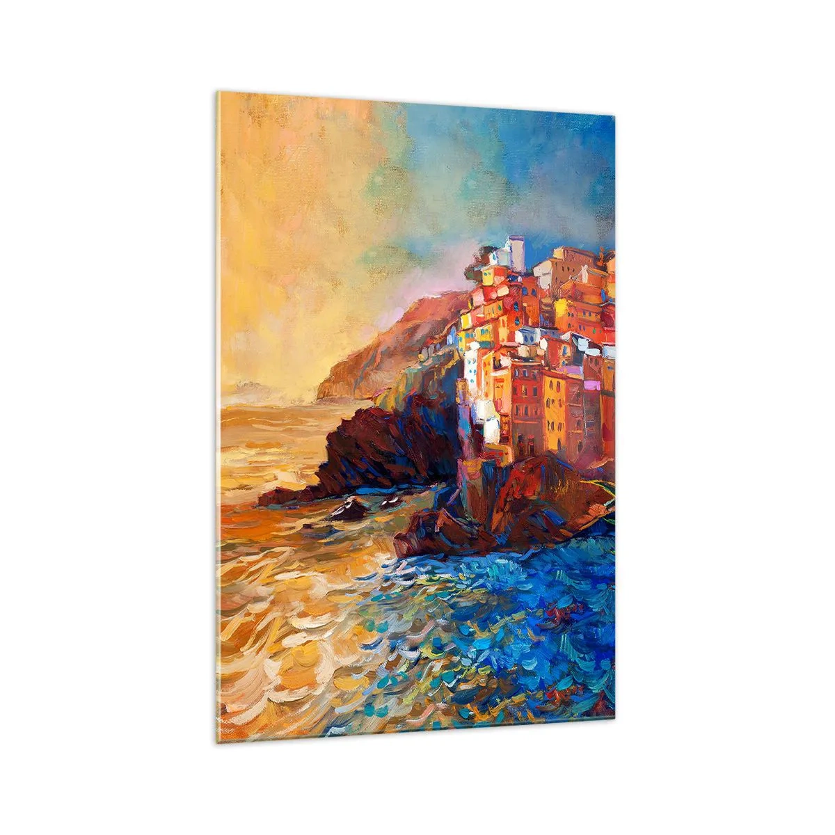 Impression sur verre - Image sur verre - Maisons colorées sur une falaise au-dessus de la mer - 70x100cm - Climats italien - Décoration murale moderne pour le salon et la chambre ARTTOR