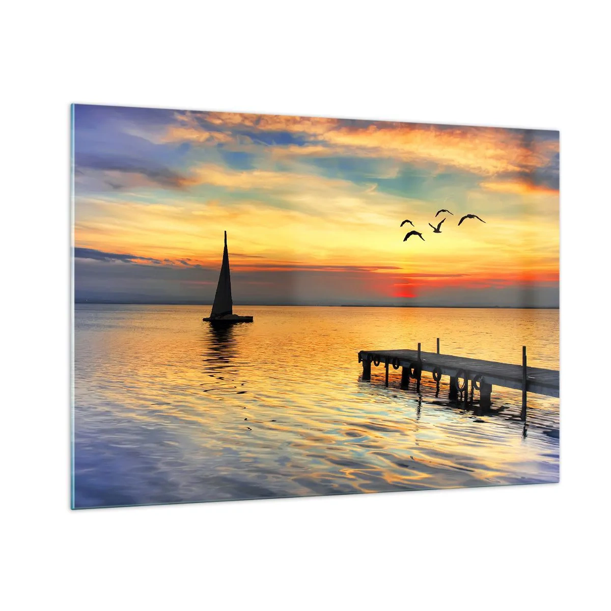 Impression sur verre - Image sur verre - Voilier et jetée au coucher du soleil sur un lac calme - 100x70cm - Le soir revient - Décoration murale moderne pour le salon et la chambre ARTTOR