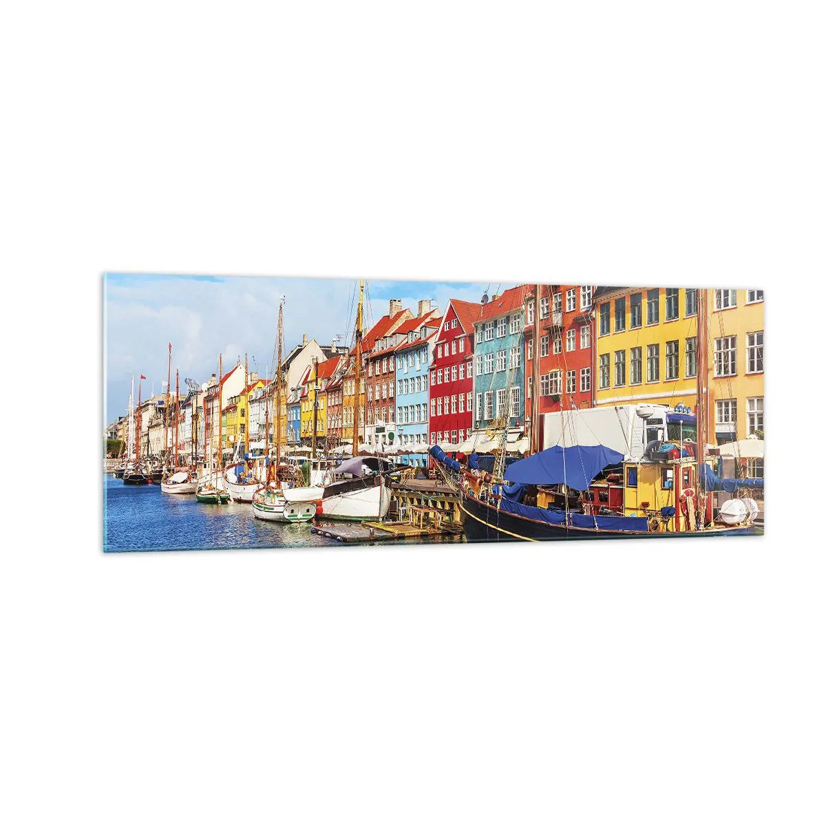 Impression sur verre - Image sur verre - Maisons colorées sur le canal avec des bateaux au soleil - 140x50cm - Quai joyeux - Décoration murale moderne pour le salon et la chambre ARTTOR