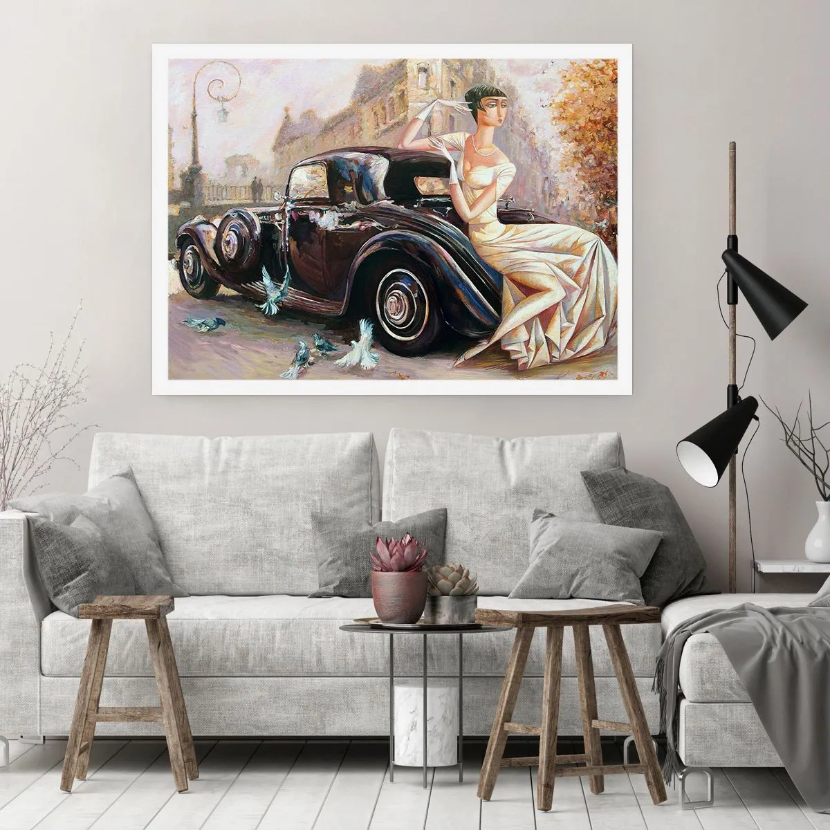 Affiche - Poster - Femme rétro à côté d'une voiture classique - 100x70cm - L'élégance dans un style rétro - Décoration murale moderne pour le salon et la chambre ARTTOR