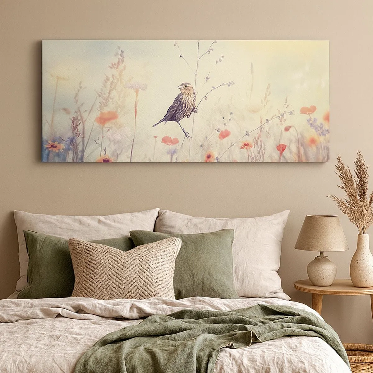 Impression sur toile - Image sur toile - Portrait d'oiseau sur pré en fond - 100x40 cm
