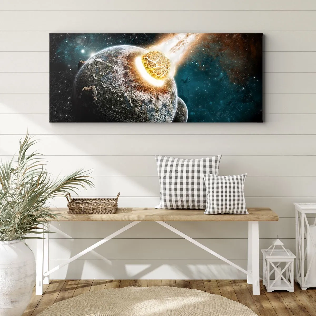 Impression sur toile - Image sur toile - Collision cosmique d'une planète avec un astéroïde à proximité de la galaxie. - 160x50cm - Destruction ou naissance? - Décoration murale moderne pour le salon et la chambre ARTTOR