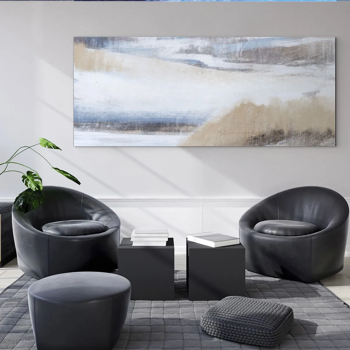 Impression sur verre - Image sur verre - Paysage d'hiver abstrait dans les tons de blanc et de bleu - 160x50cm - Composition hivernale - Décoration murale moderne pour le salon et la chambre ARTTOR