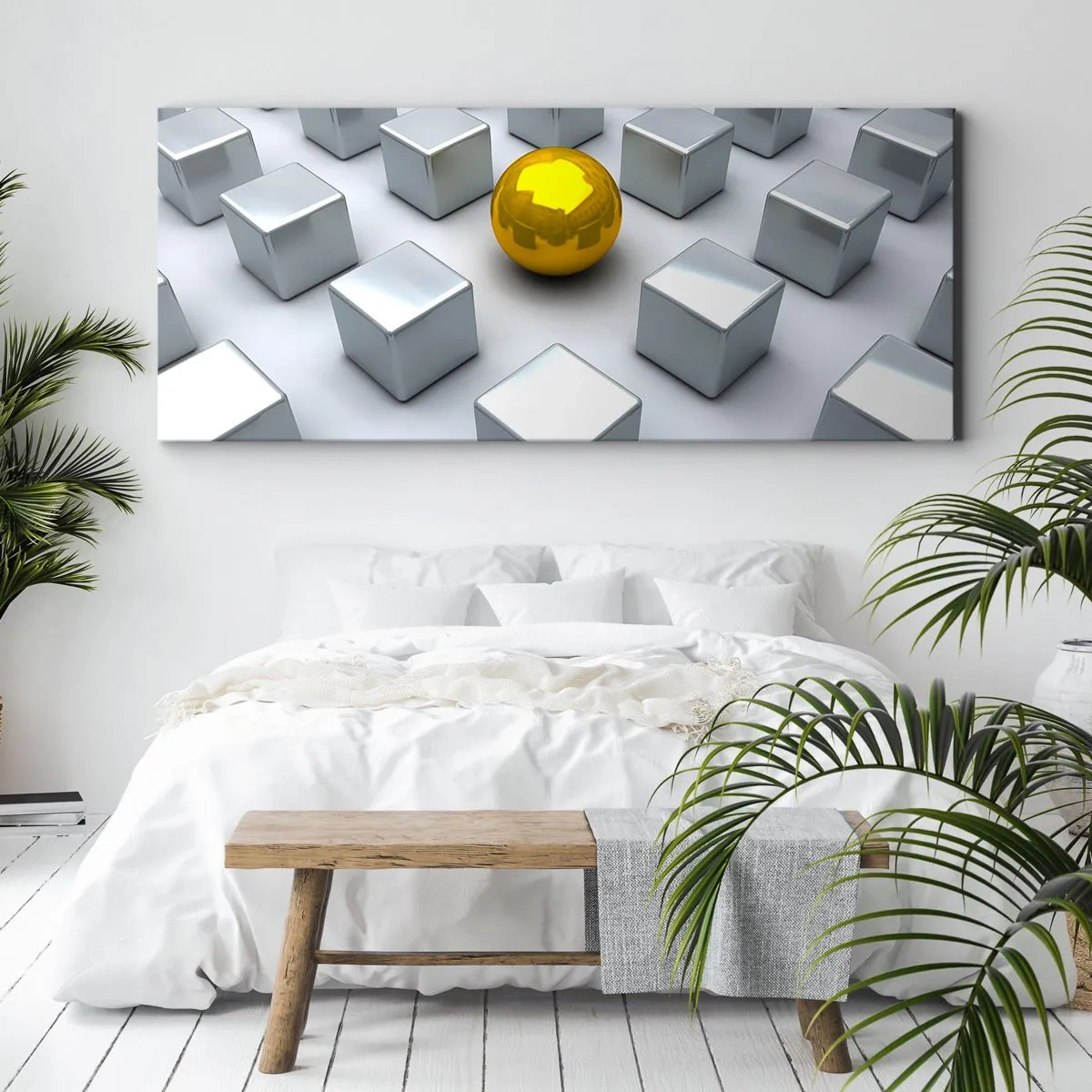 Impression sur toile - Image sur toile - Une sphère dorée se détachant parmi les cubes d'argent - 120x50cm - Pourquoi moi? Composition géométrique - Décoration murale moderne pour le salon et la chambre ARTTOR