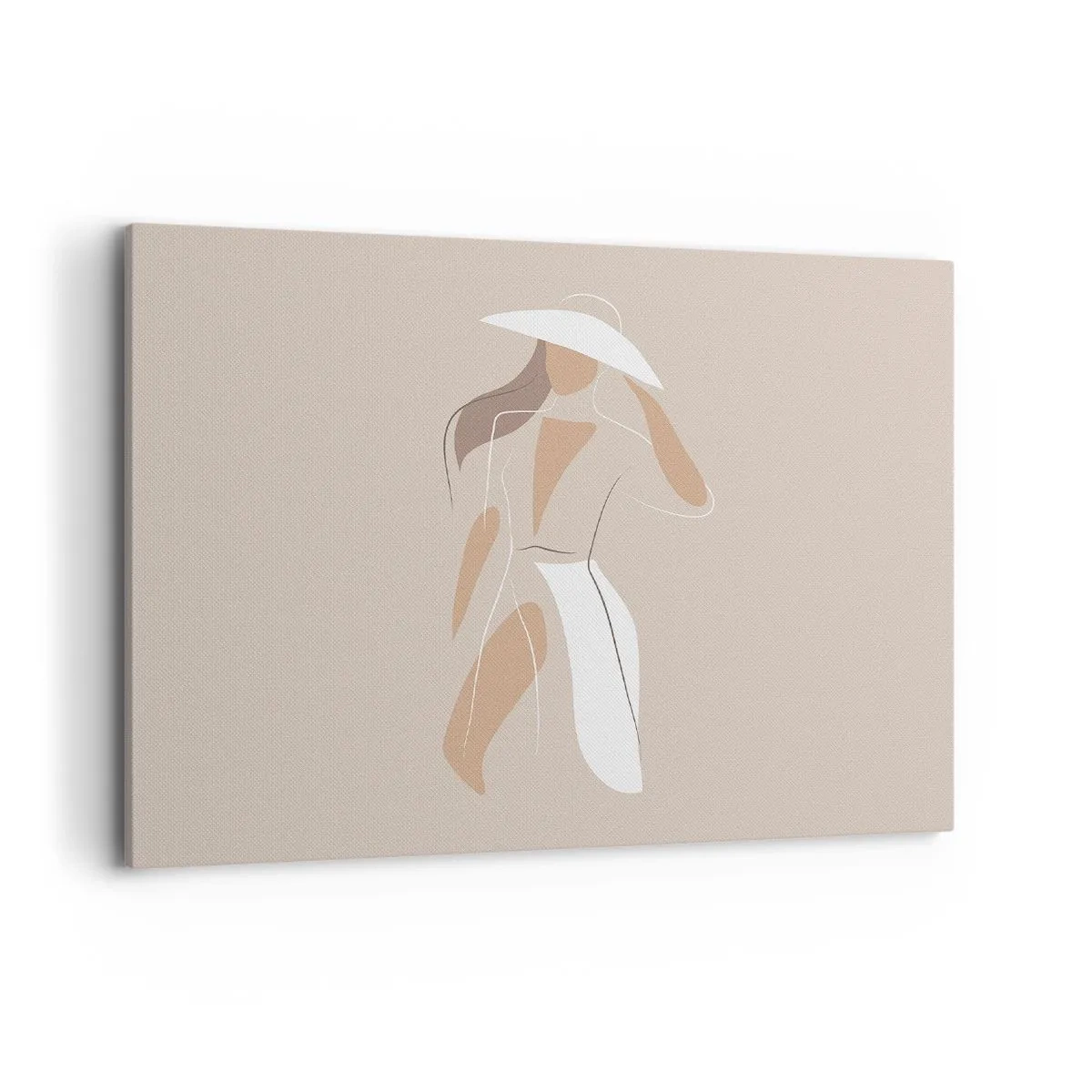 Impression sur toile - Image sur toile - Un dessin minimaliste d'une femme avec un chapeau sur fond beige. - 100x70cm - Lea mode est un jeu - Décoration murale moderne pour le salon et la chambre ARTTOR