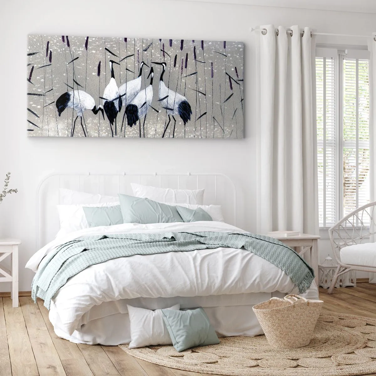 Impression sur toile - Image sur toile - Hérons dans l'herbe sur un fond paisible - 160x50cm - Parmi les siens - Décoration murale moderne pour le salon et la chambre ARTTOR