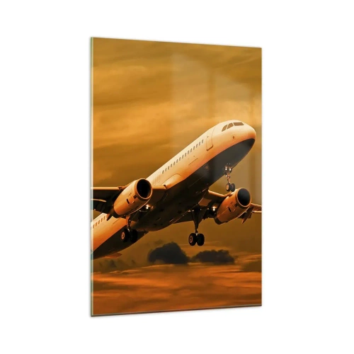 Impression sur verre - Image sur verre - Un avion de ligne décollant sous un ciel de coucher de soleil doré. - 80x120cm - Vol vers le soleil - Décoration murale moderne pour le salon et la chambre ARTTOR