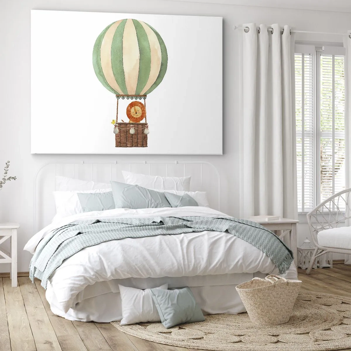 Impression sur toile - Image sur toile - Un ballon avec un lion souriant dans un panier aux couleurs pastel - 70x50cm - Les voyages de Léon - Décoration murale moderne pour le salon et la chambre ARTTOR