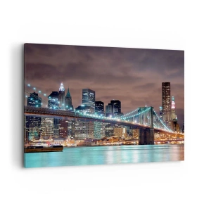 Impression sur toile - Image sur toile - Le pont illuminé la nuit sur fond de panorama urbain moderne - 120x80cm - Lumières des grandes villes - Décoration murale moderne pour le salon et la chambre ARTTOR