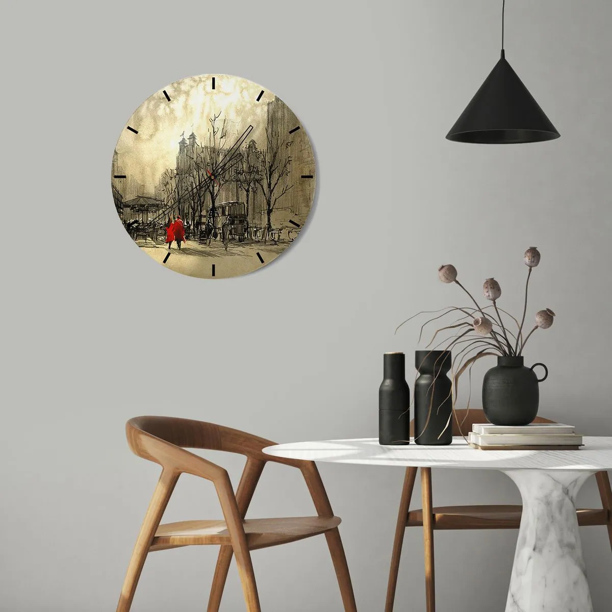 Horloge murale - Pendule murale - Un motif de rue de dessin animé avec deux personnages - 30x30cm - Rendez-vous dans le brouillard de Londres - Décoration murale moderne pour le salon, la cuisine et la chambre ARTTOR