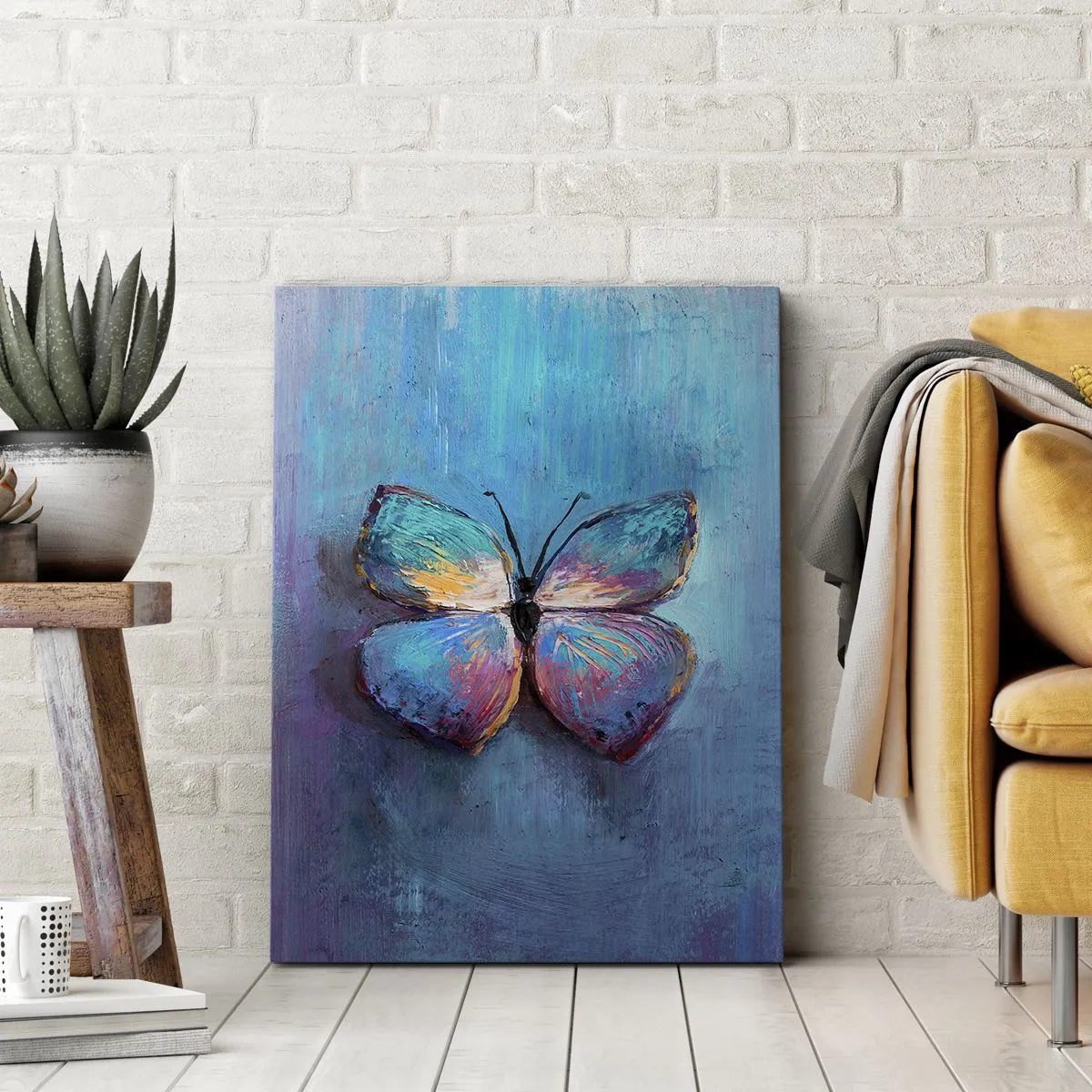 Impression sur toile - Image sur toile - Papillon coloré sur fond bleu - 50x70cm - Dans toute sa splendeur - Décoration murale moderne pour le salon et la chambre ARTTOR