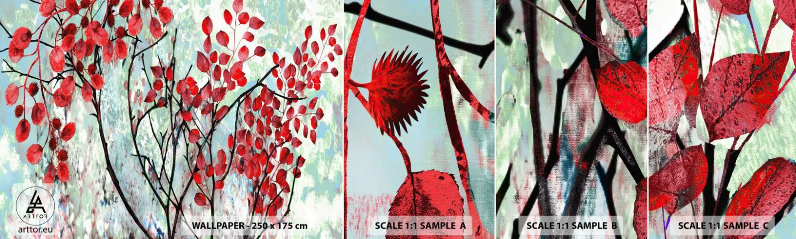 Échantillon de Papier Peint Autocollant Deluxe Sticker - Arbre en écarlate - Abstraction, Feuilles rouges, Bifurquer - 100x30 cm