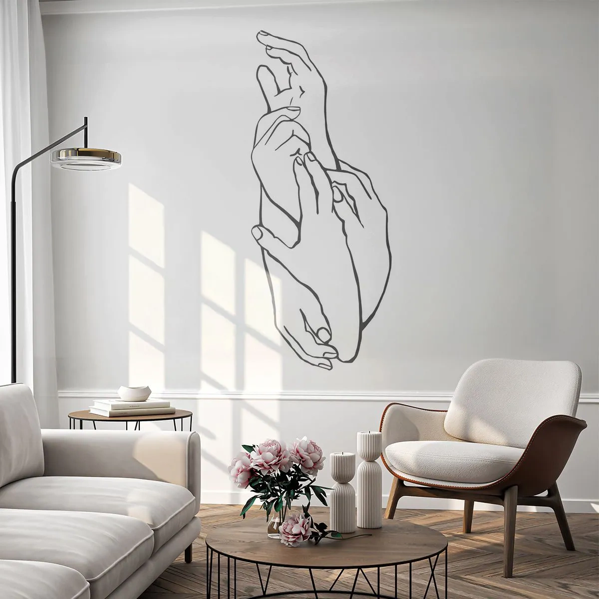 Papier Peint Photo Premium Sand - Croquis artistique de mains jointes sur fond blanc - 100x70cm - Bon contact - Décoration murale moderne pour le salon et la chambre ARTTOR