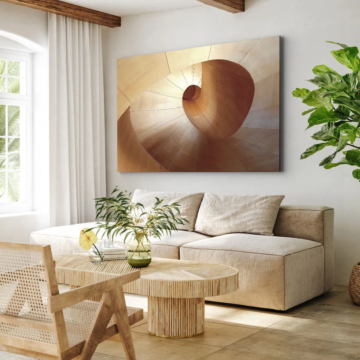 Impression sur toile - Image sur toile - Spirale abstraite dans les tons bois et marron clair - 120x80cm - Serpentin architectural - Décoration murale moderne pour le salon et la chambre ARTTOR