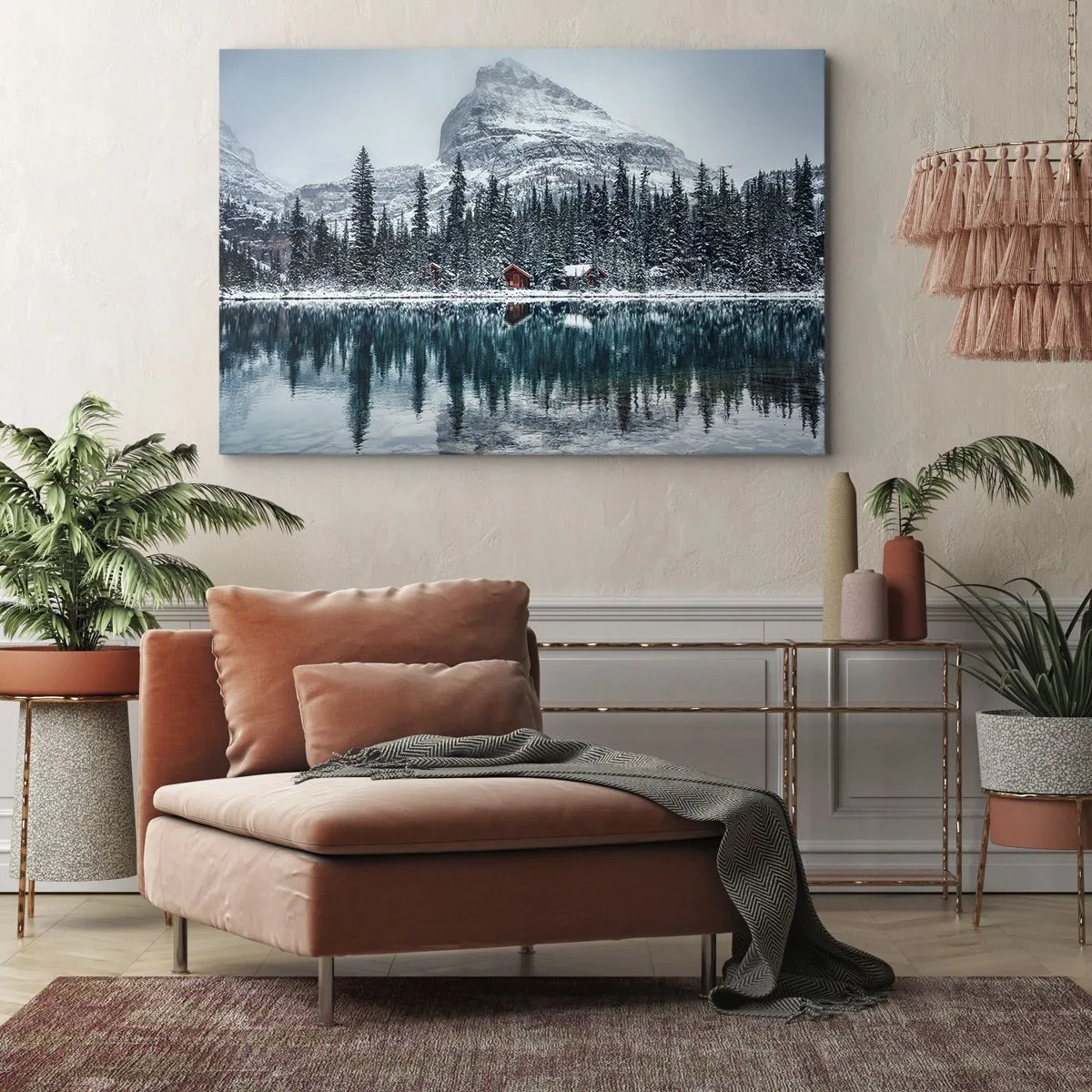 Impression sur toile - Image sur toile - Paysage d'hiver avec des chalets dans la forêt au bord d'un lac gelé - 100x70cm - Retraite canadienne - Décoration murale moderne pour le salon et la chambre ARTTOR