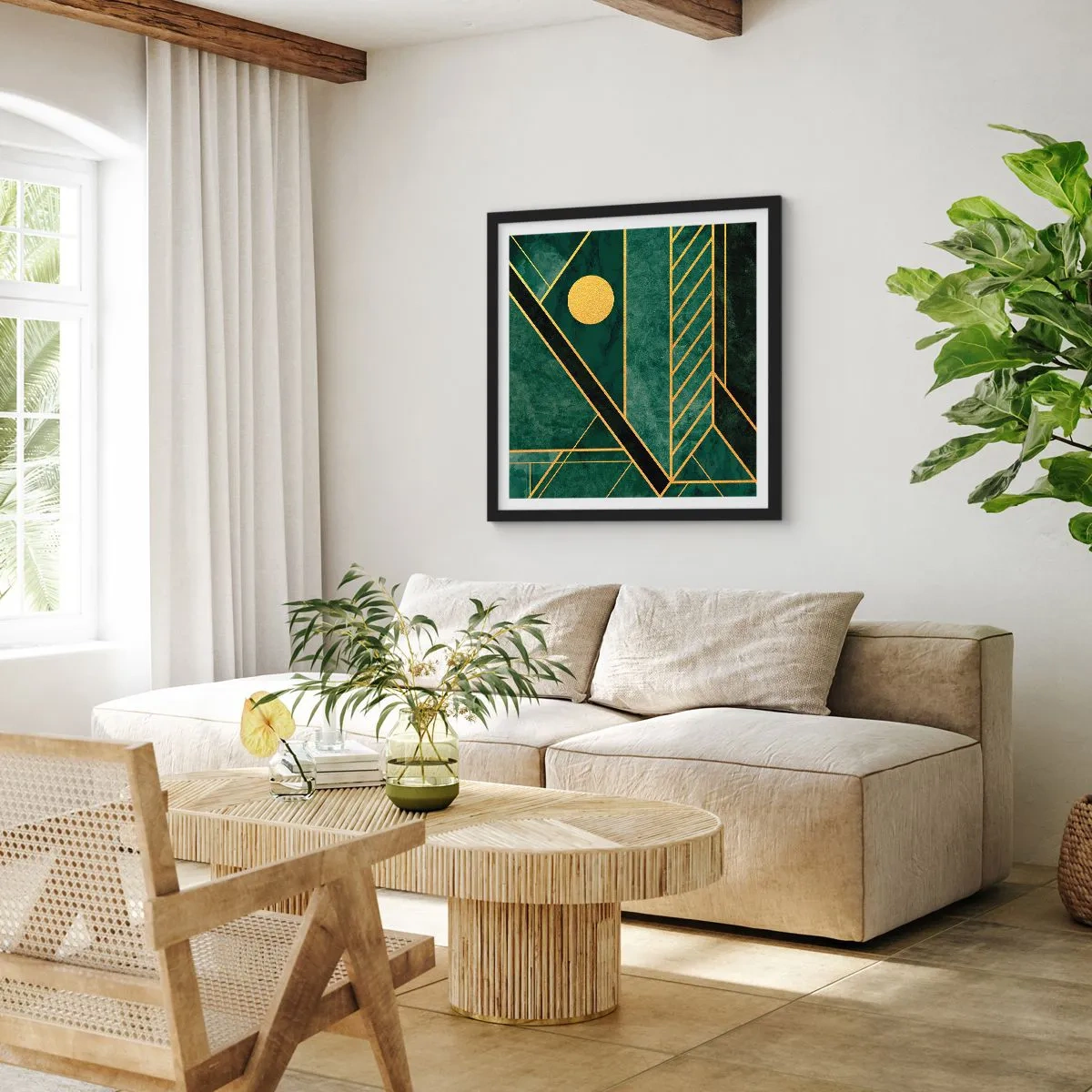 Affiche dans un cadre noir - Poster - Dynamique or et azur - 30x30 cm