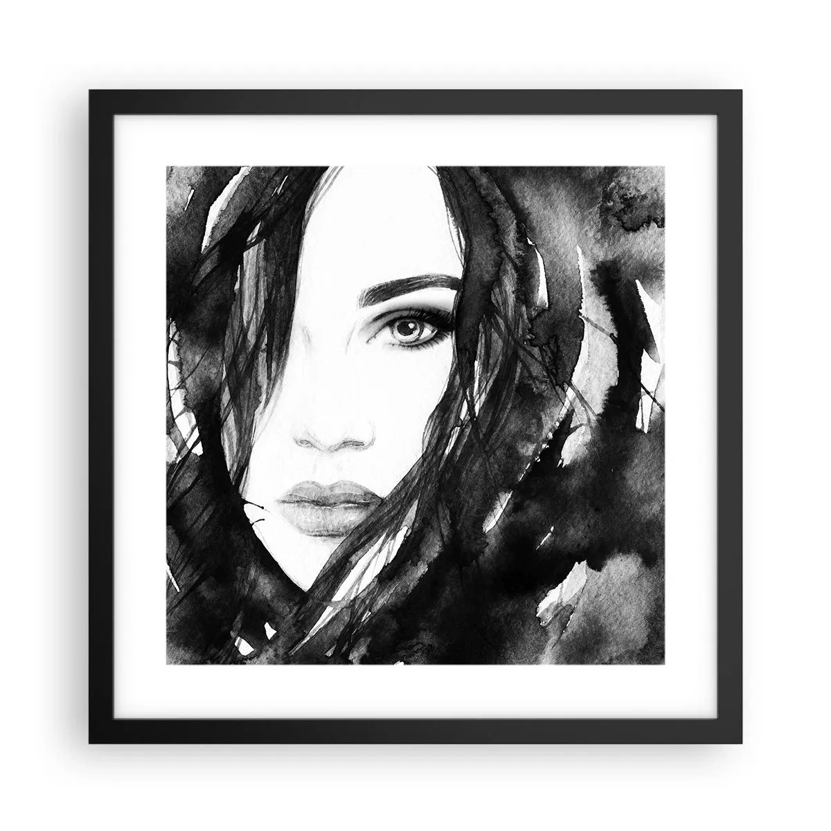 Affiche dans un cadre noir - Poster - Portrait d'une dame en noir et blanc - 40x40 cm