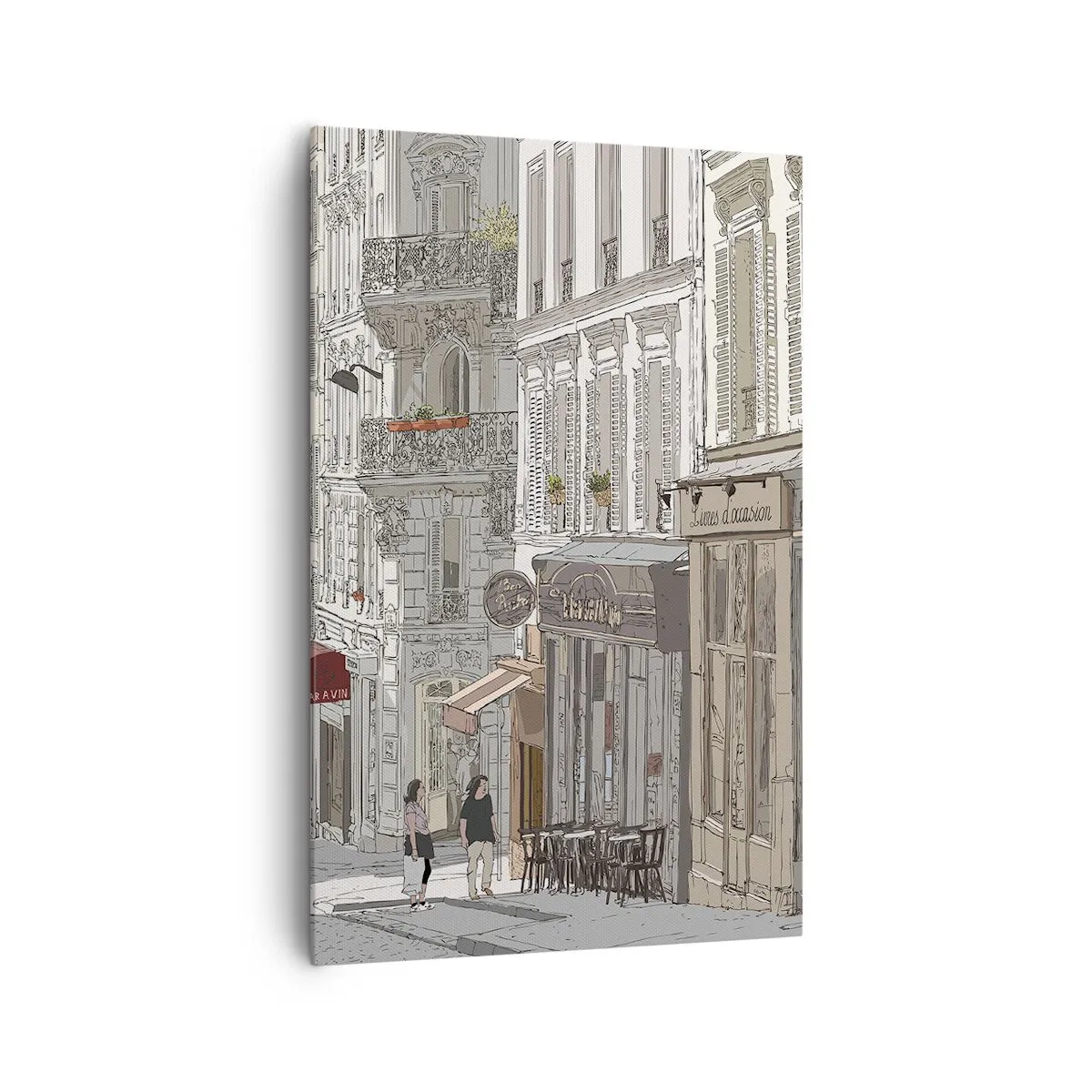 Impression sur toile - Image sur toile - Illustration d'une rue de la ville avec des cafés et des magasins - 80x120cm - Joie de la ville - Décoration murale moderne pour le salon et la chambre ARTTOR
