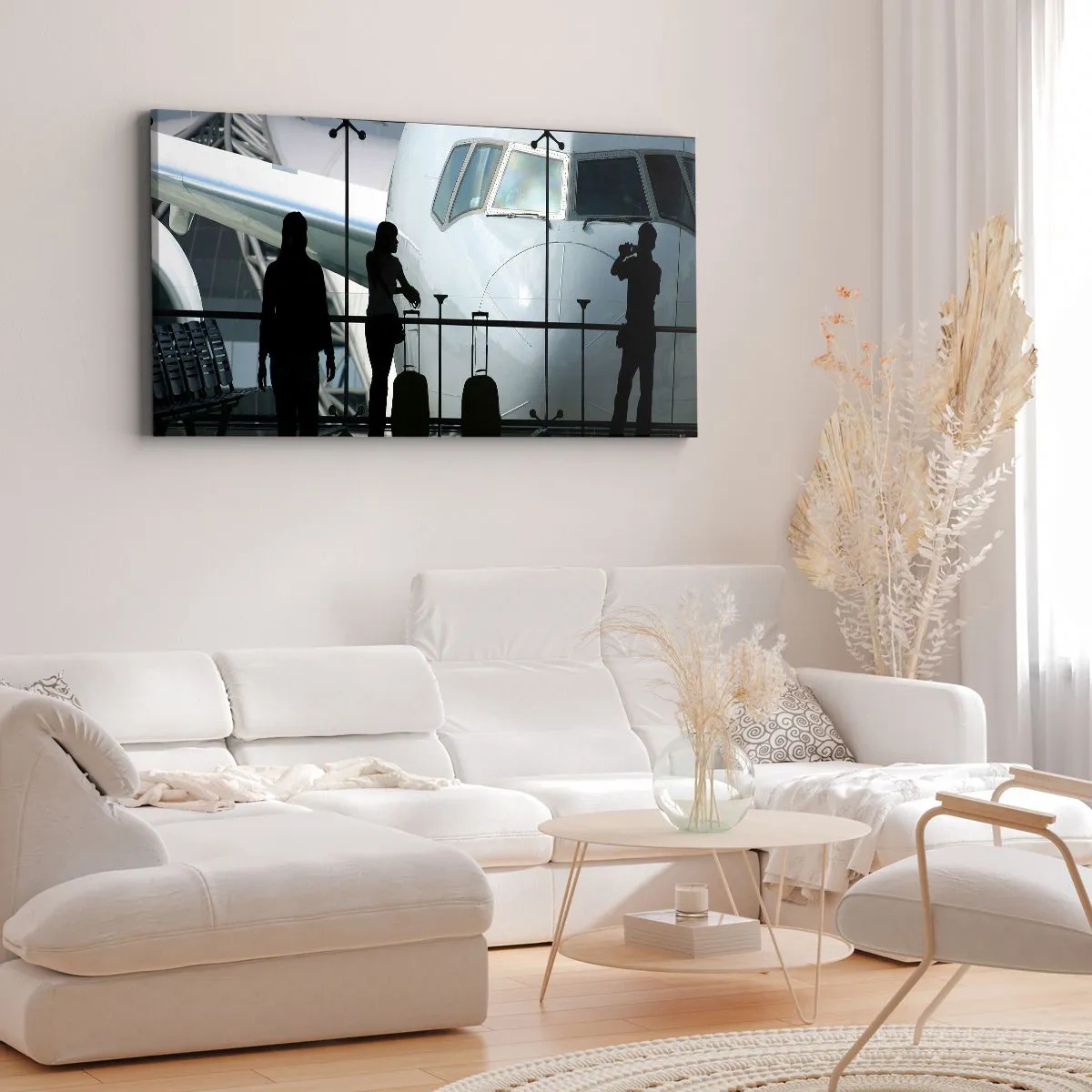 Impression sur toile - Image sur toile - Aéroport avec des silhouettes de personnes et une vue de l'avion - 160x50cm - Vis-à-vis de l'aéroport - Décoration murale moderne pour le salon et la chambre ARTTOR