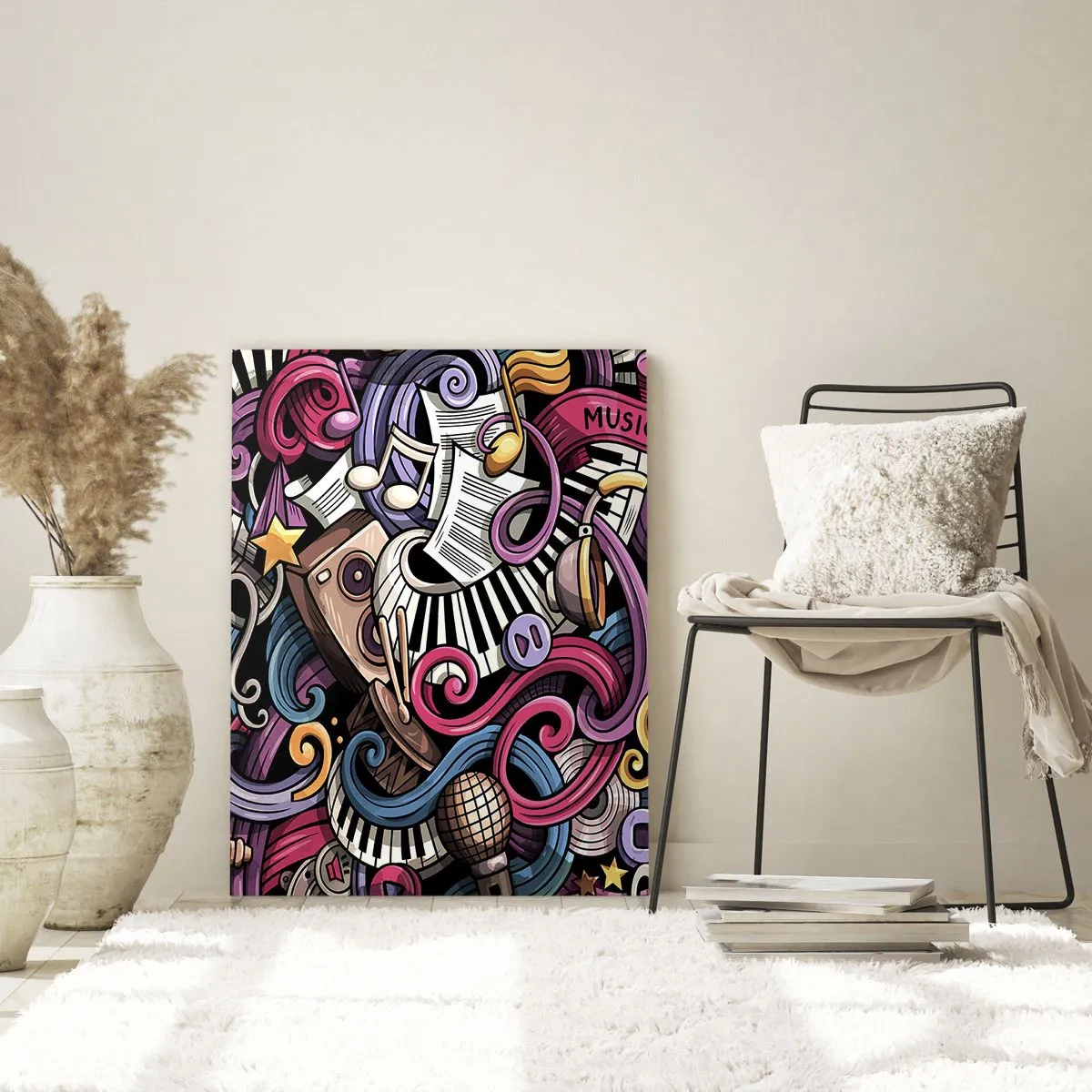 Impression sur verre - Image sur verre - Une abstraction musicale pleine d'instruments et de notes colorées. - 70x100cm - Mélodie compliquée - Décoration murale moderne pour le salon et la chambre ARTTOR