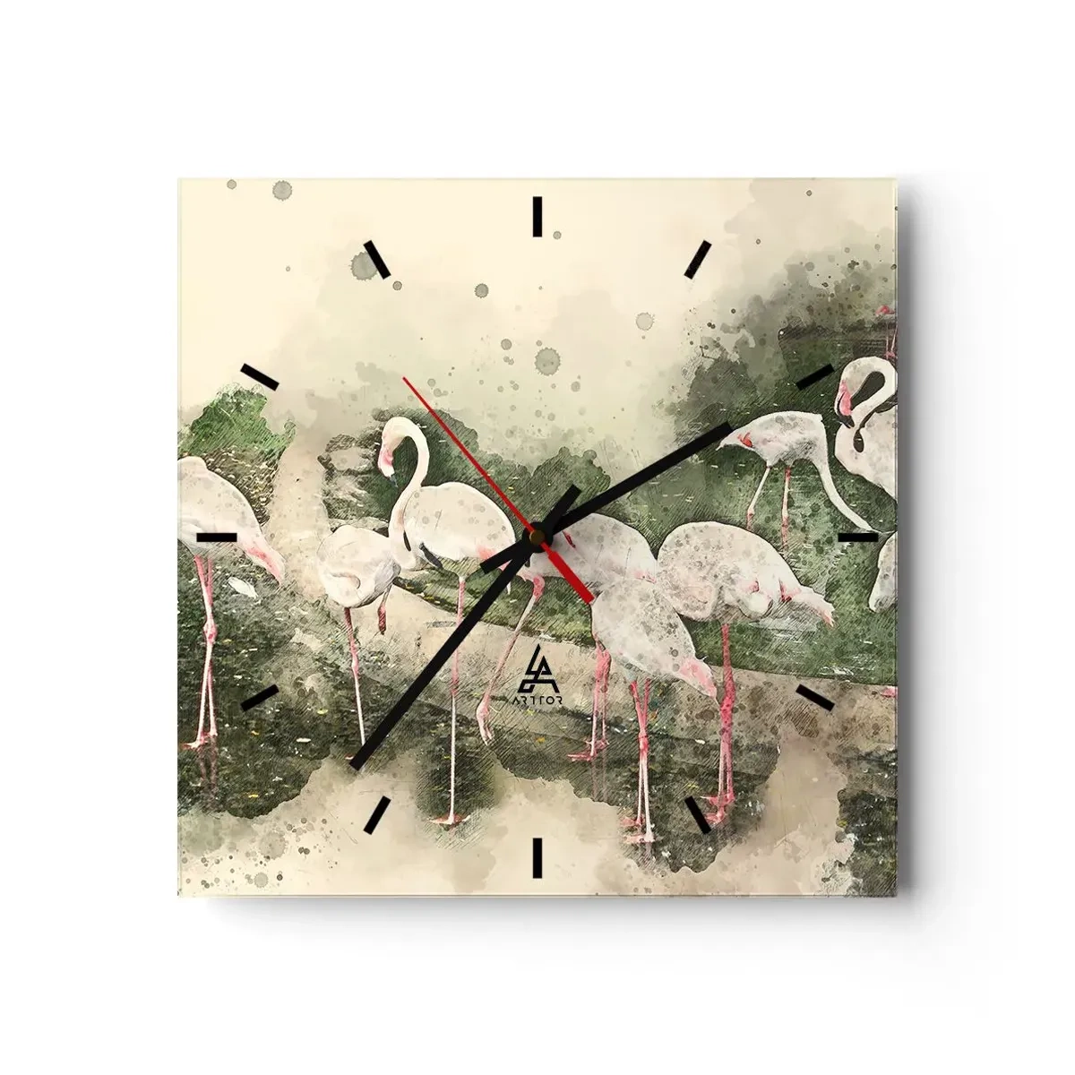 Horloge murale - Pendule murale - Flamants roses dans leur environnement naturel dans un style aquarelle - 30x30cm - Rêve exotique - Décoration murale moderne pour le salon et la chambre ARTTOR