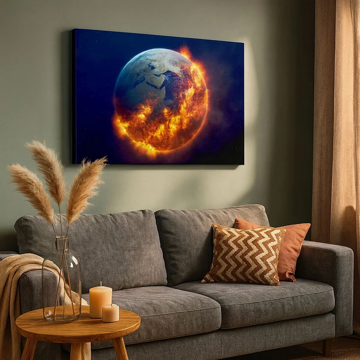 Impression sur toile - Image sur toile - La planète Terre en feu dans l'espace - 70x50cm - La flamme de l'apocalypse - Décoration murale moderne pour le salon et la chambre ARTTOR