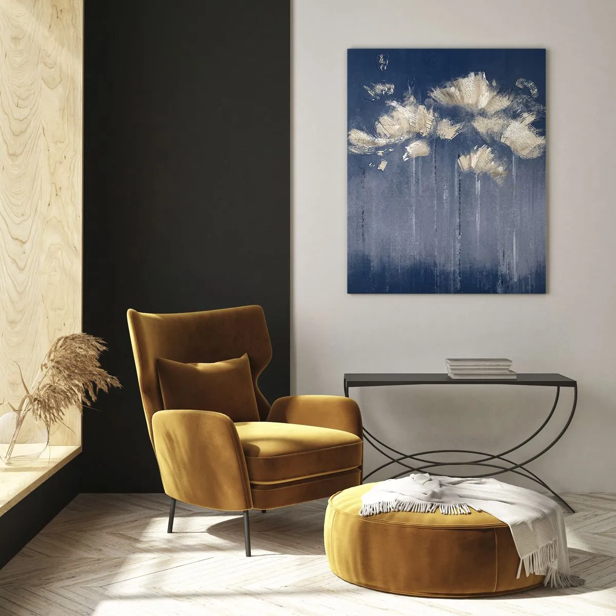 Impression sur verre - Image sur verre - Composition florale abstraite dorée sur fond bleu marine - 50x70cm - Comme des pétales au vent - Décoration murale moderne pour le salon et la chambre ARTTOR