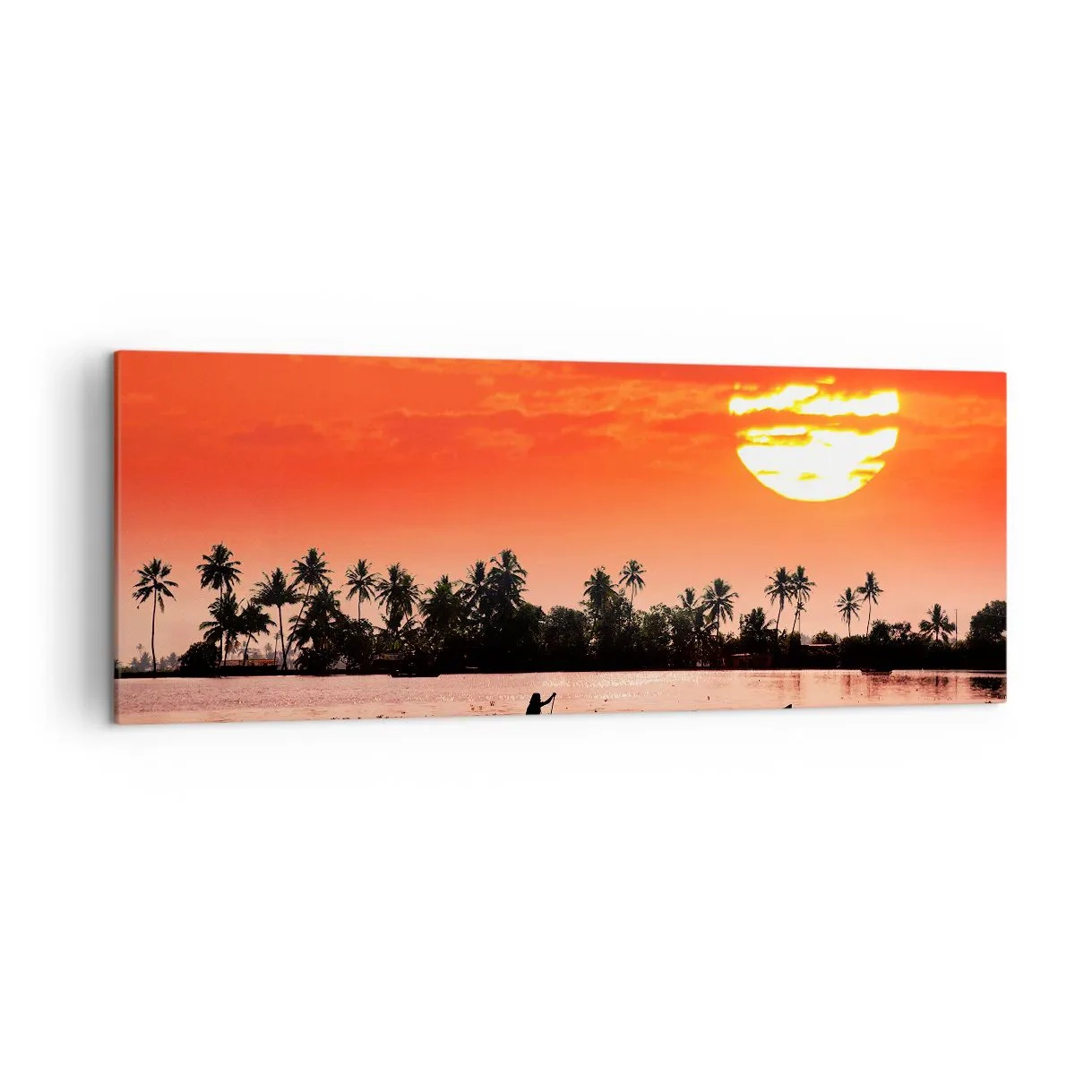 Impression sur toile - Image sur toile - Coucher de soleil tropical avec un bateau et des palmiers en arrière-plan - 140x50cm - La tranquillité des tropiques au coucher du soleil - Décoration murale moderne pour le salon et la chambre ARTTOR