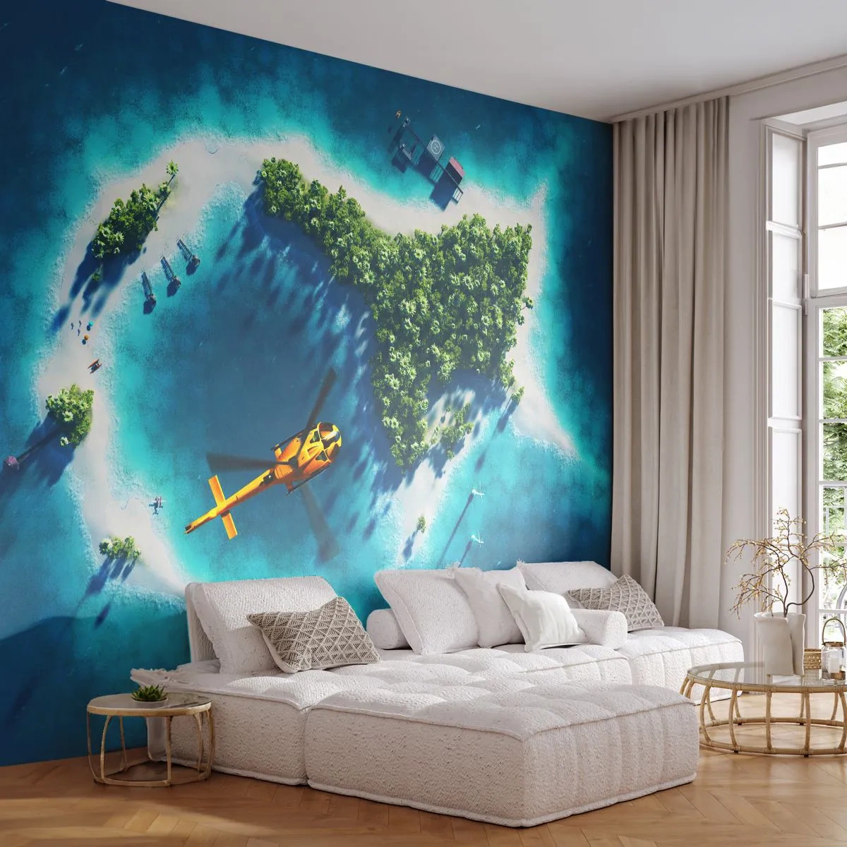 Papier Peint Photo Premium Sand - Île tropicale en forme de poisson avec hélicoptère et yacht - 100x70cm - Achetez-vous une île - Décoration murale moderne pour le salon et la chambre ARTTOR